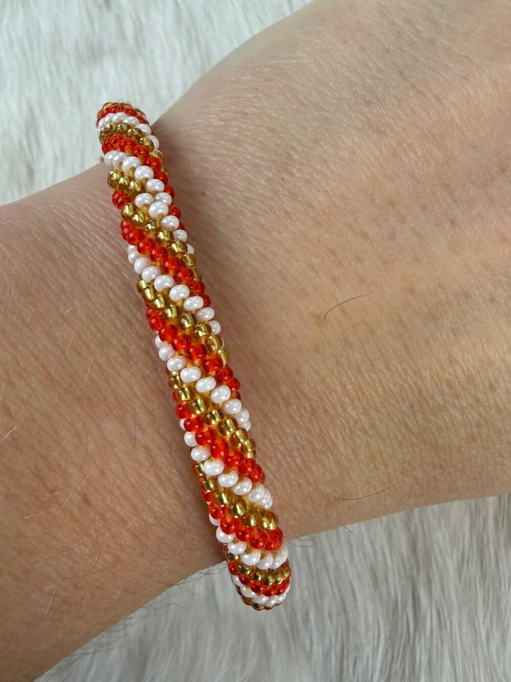 Orange, Gold & White Woven Seed Bead Bracelet 6.5"
